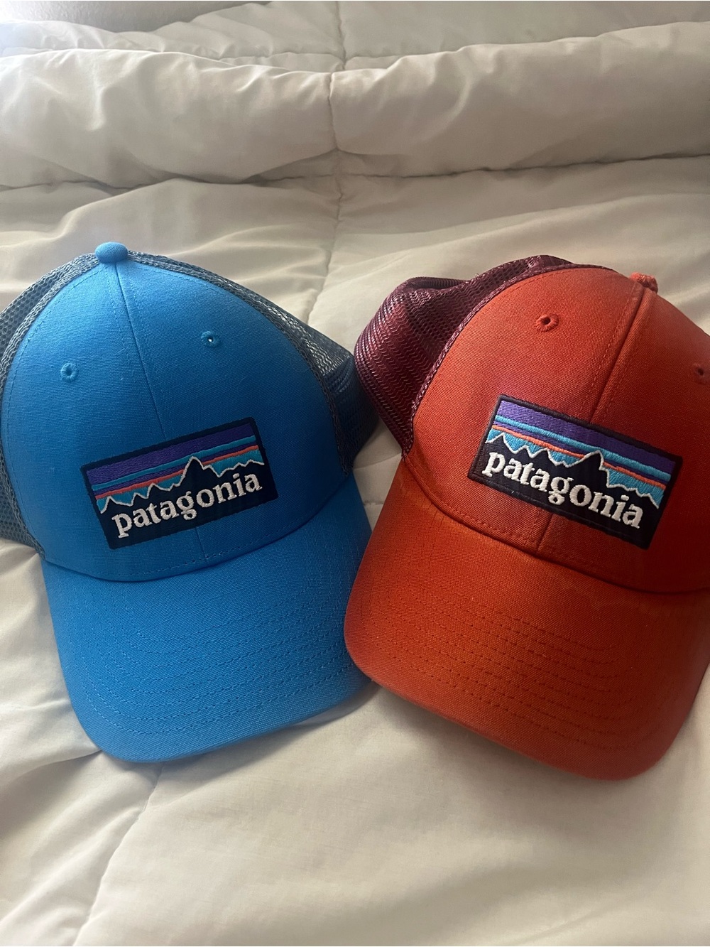 Patagonia Trucker Caps in Bright Blue and Burnt Orange
